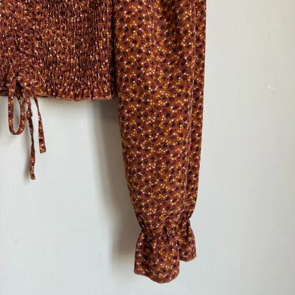 Moody Fall Sz Med Boho Floral Smocked Peasant Balloon Sleeve Crop Top Festival - Picture 4 of 15